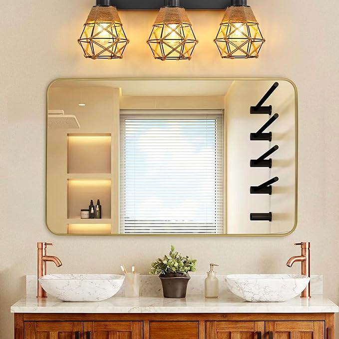 Gold Wall Mirror for Bathroom 30X48 Inch Stainless Steel Metal Frame Bathroom Vanity Mirror Rounded Rectangle Mirror Rustproof for Entryway, Living Room Hangs Vertically or Horizontally