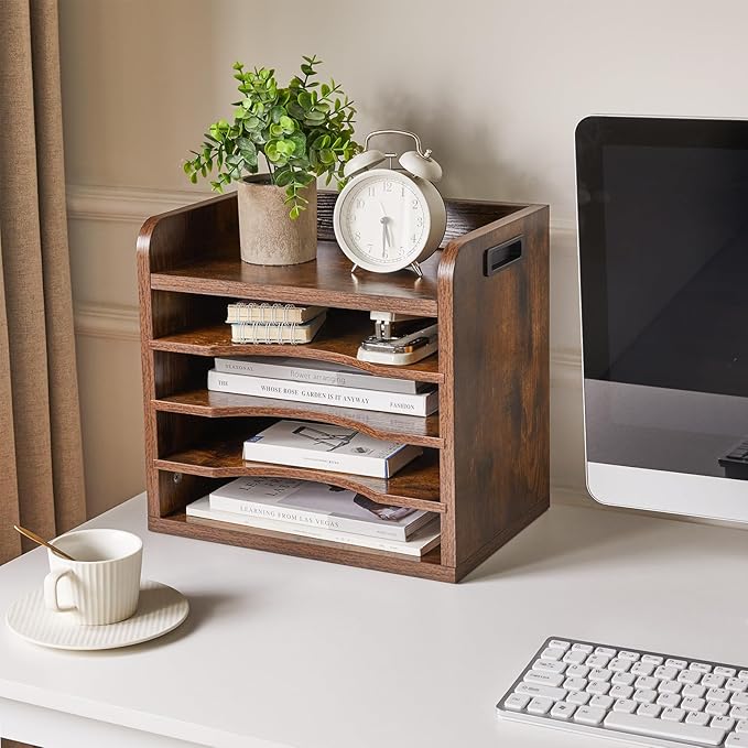 YMYNY Desktop File Organizer with Handle, Document Letter Mail Tray Sorter with 3 Adjustable Shelves, 5 Tiers Paper Holder for School Home Office Desk, Rustic Brown,13.4 * 12.4 * 9.06" UHBC006H