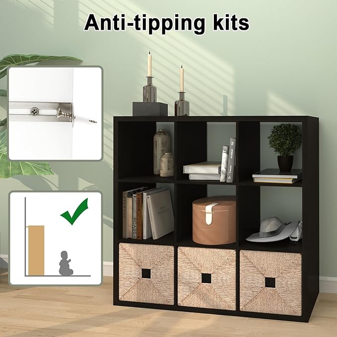 [2026 Wooden Thick Frame 9 Cube Storage Organizer Shelf with Anti-Tipping Kits + Reversible Open Back Bookcase, Horizontal and Vertical Dual-use（Chocolate,11inch）