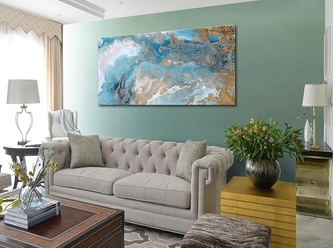 Blue Abstract Canvas Wall Art Paintings for Living Room Navy and Gold Fluid Marble Wall Modern Artwork Decor for Bedroom Bathroom Office Home 24x48 inch
