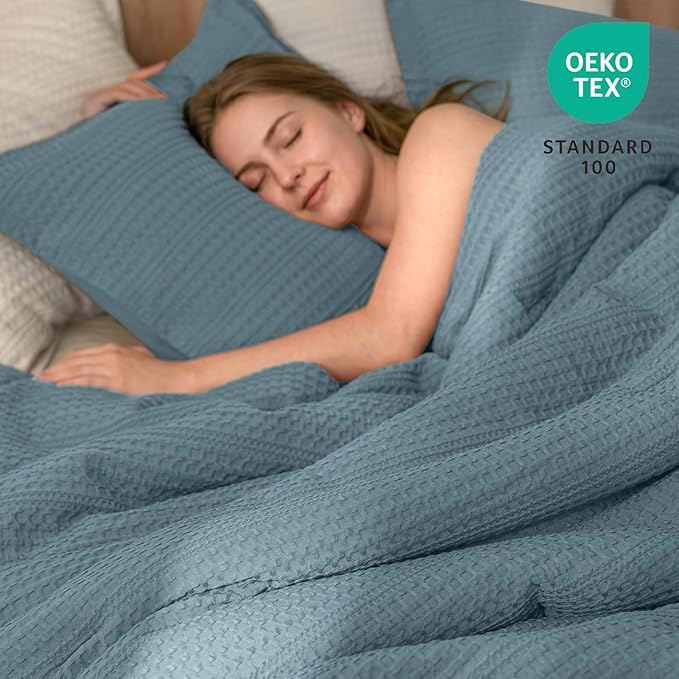 PHF Soft Waffle Comforter Set Queen Size- Comfy Breathable Waffle Weave Comforter with 2 Pillow Shams, 3 Pieces Less Snagging Lightweight Textured Bedding Set for All Season, Stormy Blue
