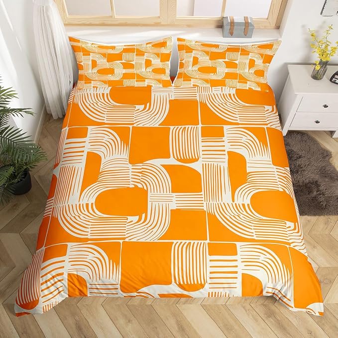 Erosebridal Mid Century Comforter Cover Queen Size Bohemian Ethnic Kids Duvet Cover Boho Geometric Bedding Set for Boys Teens Adult Bedroom Decor Modern Simple Orange Stripes Bed Sets