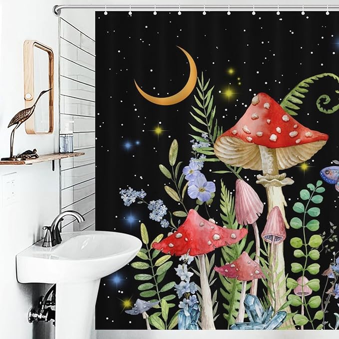 Mushroom Shower Curtain for Bathroom, Magic Gothic Fairy Forest Botanical Vintage Mushroom Wildflower Plants Herbs Farmhouse Country Waterproof Fabric Shower Curtain Set with Hooks, 72"x72" Inch