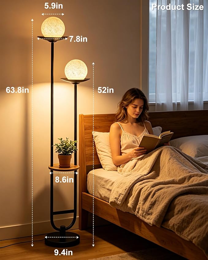 Lightdot 63IN Black Floor Lamp with U Pole, 2 Globe Mid Century Standing Lamps Dimmable with 3000K Warm White LED Bulbs& Grey Shade, Unique Vintage Tall Floor Lamp for Living Room/Wedding/Party