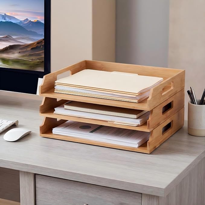 AceOrbit 3 Pcs Stackable Paper Tray Bamboo Wood Desk Organizer Letter Tray 3 Tier Wooden File Organizer Desk Shelf for Documents, Letter Sorter, Envelopes and Magazine Holder