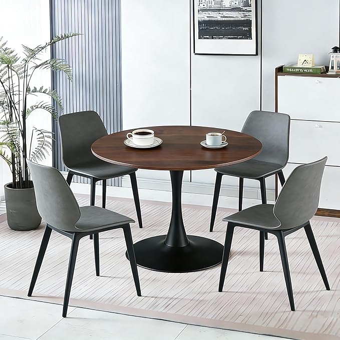 42 Inch Walnut Round Dining Table for 4-6 Person,Mid-Century Walnut Tulip Kitchen Table, Pedestal Metal Base Table for Kitchen Dining Room
