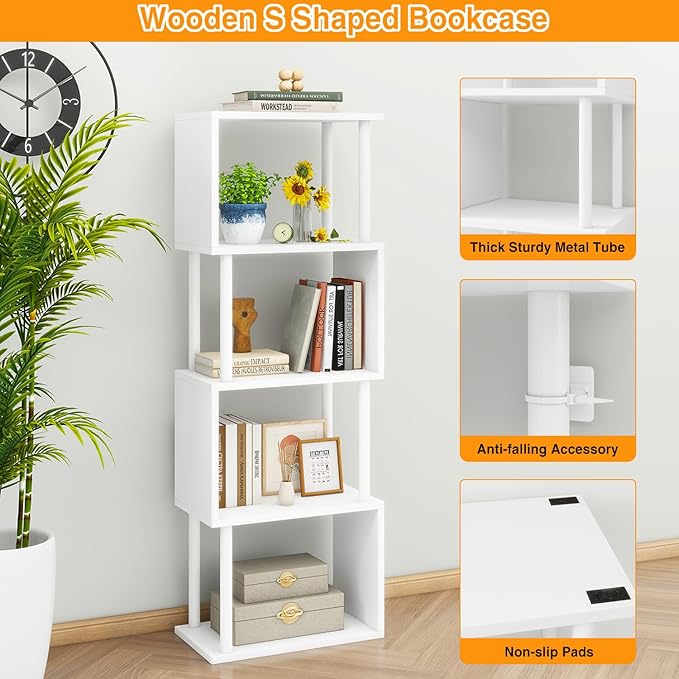 IBUYKE 5-Tier Tall Bookshelf,S-Shaped Geometric Bookcase, Wood Display Shelves with Storage,Modern Bookshelf for Living Room Bedroom, Home Office, White WBC015W