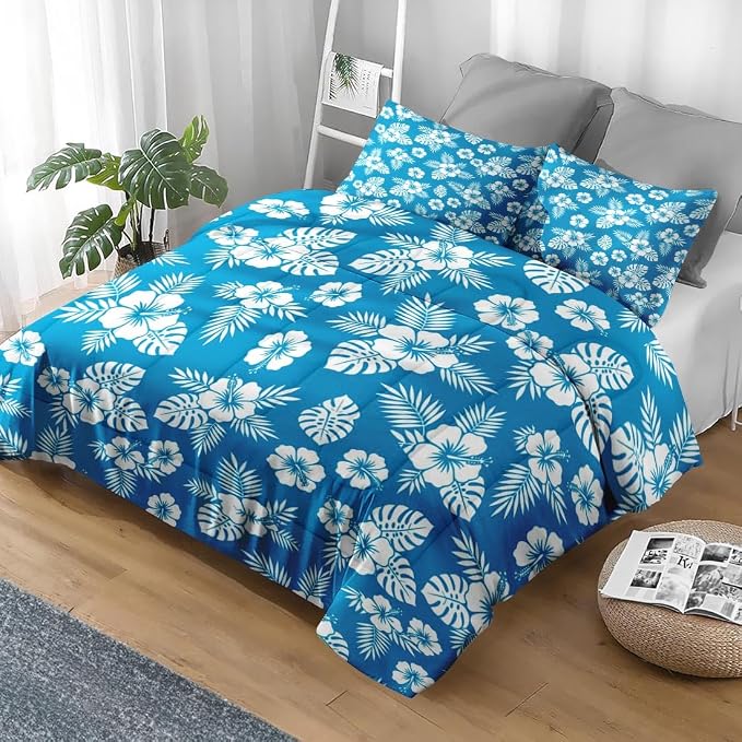 Pamnest Comforter Set Queen Size, Blue Hawaiian Flower Soft 3 Pcs Bedding for Kids and Adults, Hibiscus Beach Surf Comforter Set with 2 Pillowcases for Bedroom Bed Decor