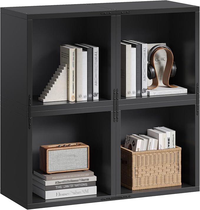 Homkdom 4 Cube Storage Organizer, DIY Book Shelf with Open Shelves, Stackable Cube Bookcase with Anti-Tip Design, Bedroom, Office, Dorm, Black