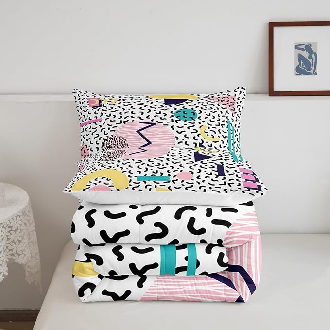 Manfei Memphis Comforter Set Twin Size, Vintage Hip Hop Quilt Set with 1 Pillowcase, Retro 80s or 90s Geometric Fashion Style Bedding Set 2pcs for Kids Boy Girls Lightweight Duvet Insert
