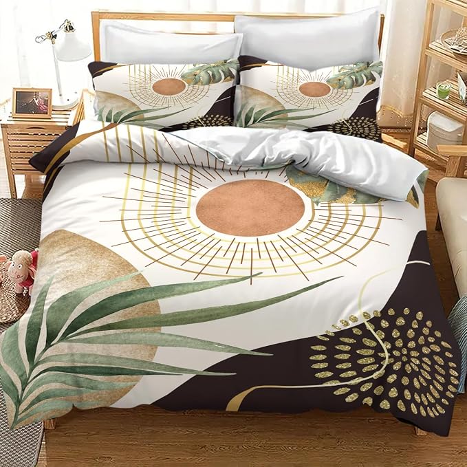 Boho Sunrise Bedding Set,Mid Century Aesthetic Tropical Palm Leaves Abstract Minimalist Comforter Set with Pillowcase for Bedroom Bed Decor,Full 79"x90"