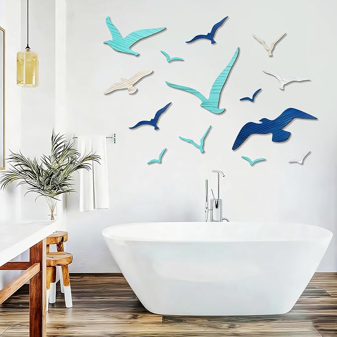Meching 14Pcs Wooden Seagull Wall Decor, Nautical Coastal Theme Beach Wall Art, Self-Adhesive Sea Birds Ocean Sculpture Vintage Ornaments for Home Living Room Kitchen Bathroom Bedroom Office