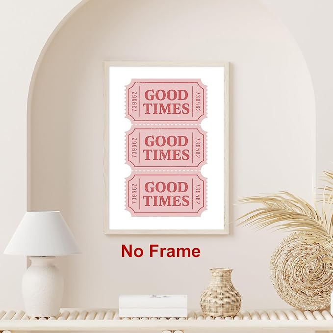 Good Times Ticket Print Red Retro Poster Pink Trendy Paintings Bar Cart Prints Pink White Pictures Ticket Wall Art Modern Aesthetic Posters Preppy Aesthetic Pictures for Living Room 16x24in Frameless