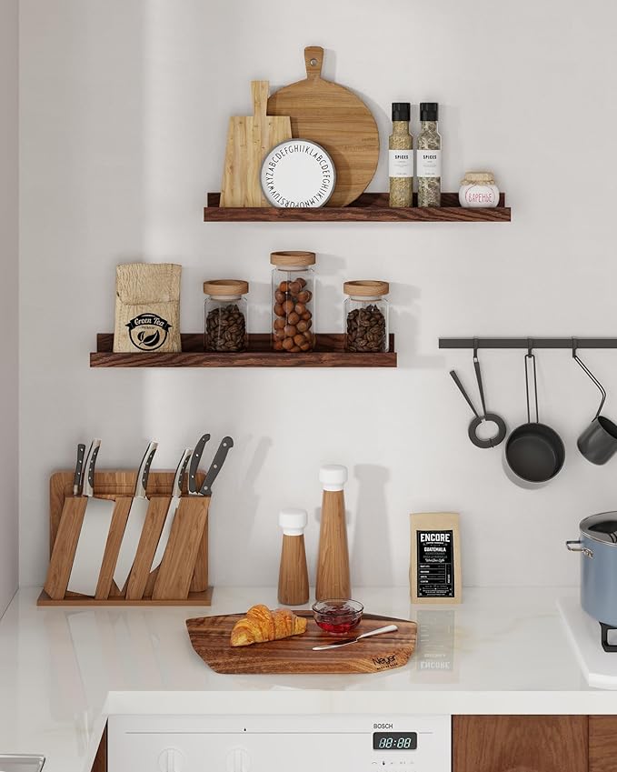 Axeman Oak Picture Ledge Shelf, 36 Inch Floating Shelves Set of 2, Solid Oak Wood Wall Shelves with Lip, Wall Decor Storage for Bedroom Living Room Bathroom Kitchen Nursery Photo Picture, Walnut