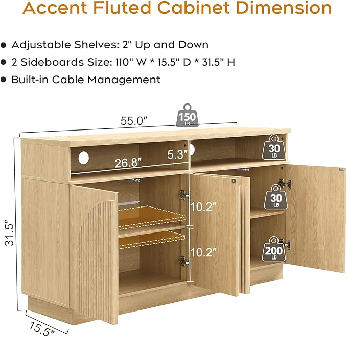 Yechen Fluted Sideboard Buffet Cabinet with Arched Reeded Doors, Mid Century Modern Credenza Storage Cabinet with Adjustable Shelves, TV Stand, for Living Room Kitchen Dinning Entryway/Natural Oak