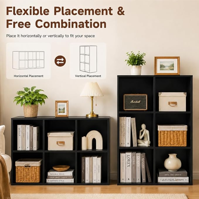 POWERSTONE 6 Cube Storage Organizer, Open Cube Bookshelf with Back Panels, Modern Display Cubby Bookcase for Bedroom Living Room Home Office, Black
