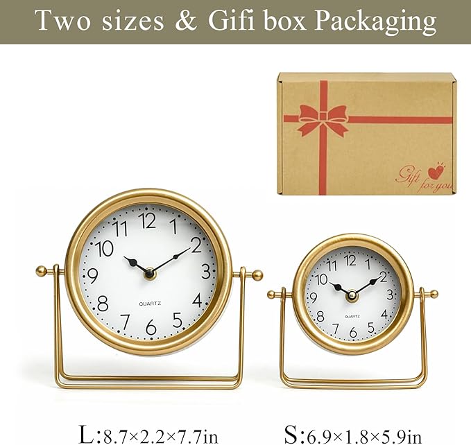 EMAX HOME Small Gold Desk and Shelf Clock, 6.9*5.9 Inch Retro Elegant Tabletop Clock with Glass Cover, Silent Non-Ticking Battery Operated Decorative Clock for Living Room, Office, Bedroom, Gift Idea