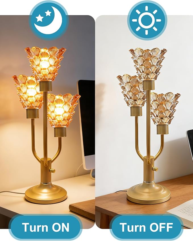 Lightdot Mid Century Modern Table Lamp for Living Room Dimmable Nightstand Lamp Vintage Gold Desk Lamp Amber Glass 3 Bulbs Included Warmwhite Ambient Bedside Lamps for Bedroom Home Office Decor Gift