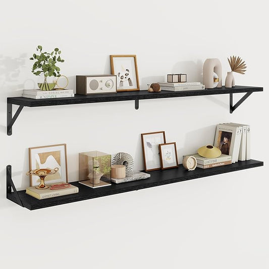 Floating Shelves, 8 Inch Deep Rustic Wood Wall Storage, 48W x 8D Wall Shelves Set of 2, Heavy Duty Metal Brackets, Industrial Book Shelf for Living Room, Kitchen, Bathroom, Bedroom, Black