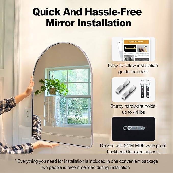 ANDY STAR 30x40’’ Chrome Arched Mirror, Polished Chrome Arched Bathroom Mirror, Arched Wall Mirror in SUS304-Anti-Rust Tube Frame, Wall Mounted Vertical 1'' Deep