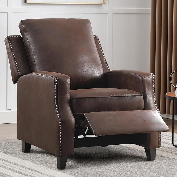 Push Back Recliner Chair Faux Leather Pushback Armchair with Rivet Decoration Wingback Single Sofa Chair with Padded Seat Solid Wood Legs for Living Room, Comfy Upholstered, Reddish Brown