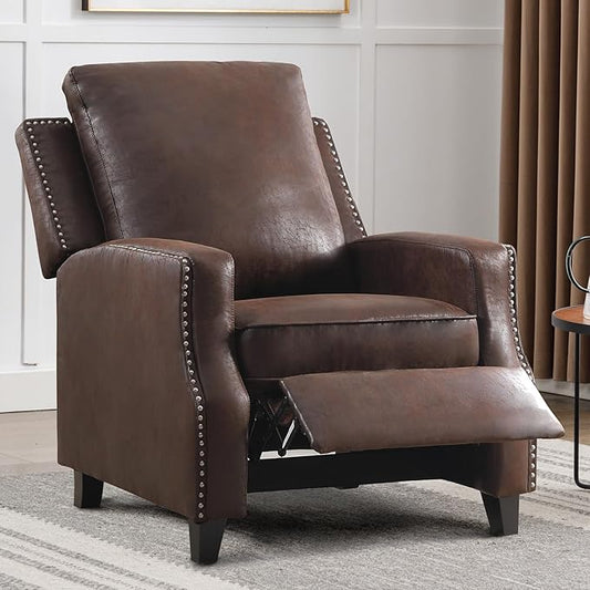 Push Back Recliner Chair Faux Leather Pushback Armchair with Rivet Decoration Wingback Single Sofa Chair with Padded Seat Solid Wood Legs for Living Room, Comfy Upholstered, Reddish Brown