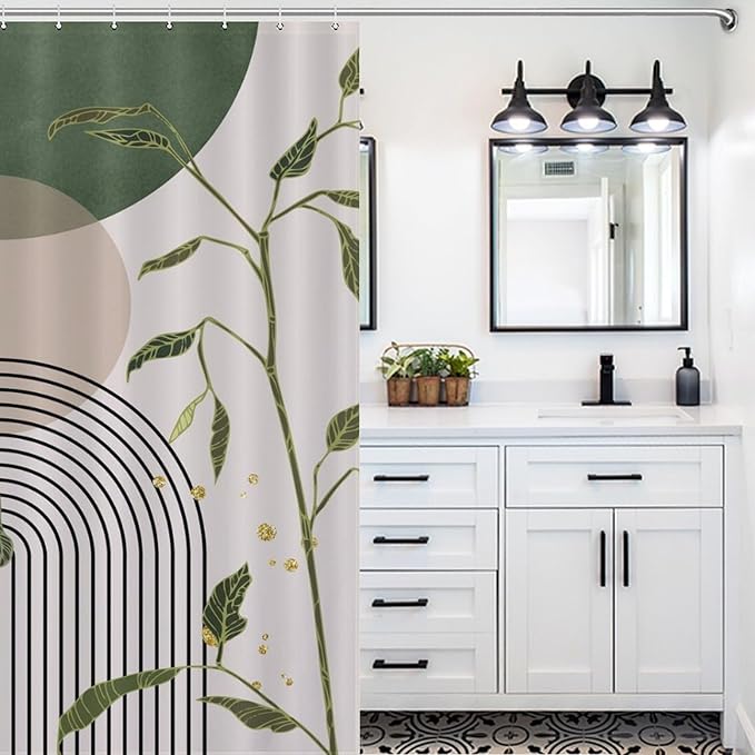 Boho Sage Green Shower Curtain，Mid Century Abstract Tropical Plant Minimalist Modern Geometric Palm Leaf Arch Waterproof Fabric Bathroom Shower Curtain Set with Hooks,72x78Inch