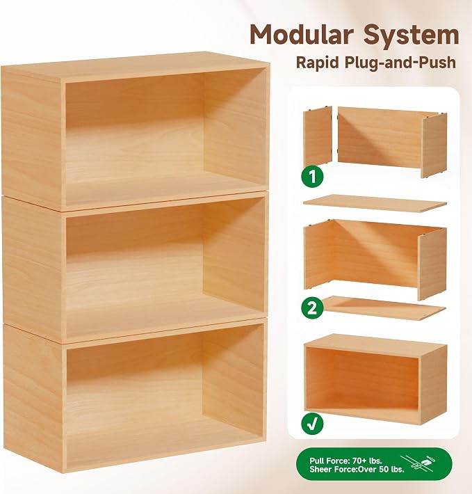 3 Cube Organizer Bookcase, Easy Assembly Wooden Open Shelving Unit Book Shelf, Expandable Storage Shelves for Living Room, Office, Bedroom, Beech Color (1 Set)