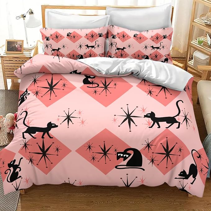 Mid Century Bedding Set,Retro Black Cat 1950s 1960s Abstract Atomic Pink Geometric Pattern Modern Comforter Set with Pillowcase for Bedroom Bed Decor,King 102"x90"