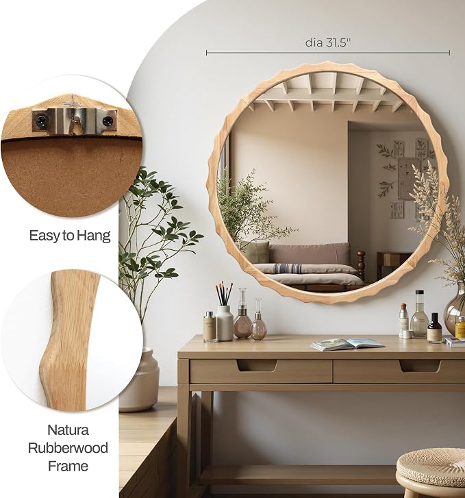 LuxenHome 32" Round Wall Mirror With Natural Rubberwood Scalloped Frame - Wood Wall Decor for Bathroom, Vanity, Entryway, Living Room - Large Accent Circle Mirror