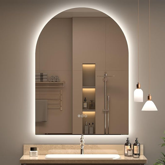 Backlit Arched LED Bathroom Mirror 26x36 Inch, Dimmable LED Vanity Mirror with Lights, Anti-Fog, 3 Colors, Memory, ETL Listed