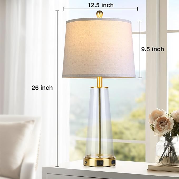 26" Glass Table Lamp Set of 2 with USB C+A Ports and AC Outlet, 3 Way Touch Modern Bedside Lamps for Night Stands, Gold Nightstand Lamps for Bedroom Living Room