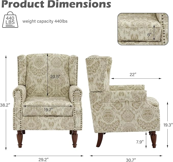 High Back Accent Chairs Set of 2, Fabric Wingback Chair Floral Upholstered Armchair for Living Room - White