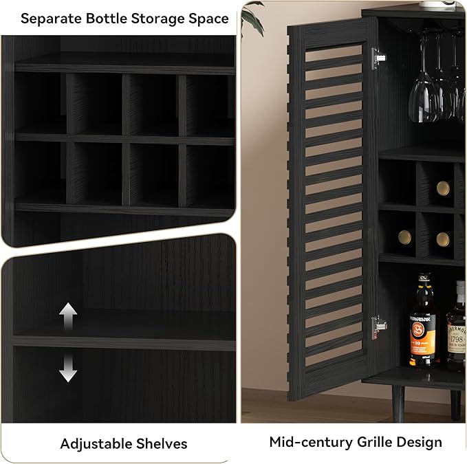 Mid Century Bar Cabinet with Wine Racks, Modern Liquor Cabinet with Slatted Doors for Dining Room, Living Room (Black)