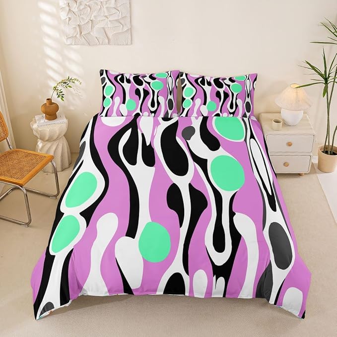 Erosebridal Organic Geometric Duvet Cover Set Modern Abstract Full Size Bedding Sets for Kids Teens Child Retro Mid Century Comforter Cover Modern Fluid Art Irregular Circles Bed Set,Lavender Green
