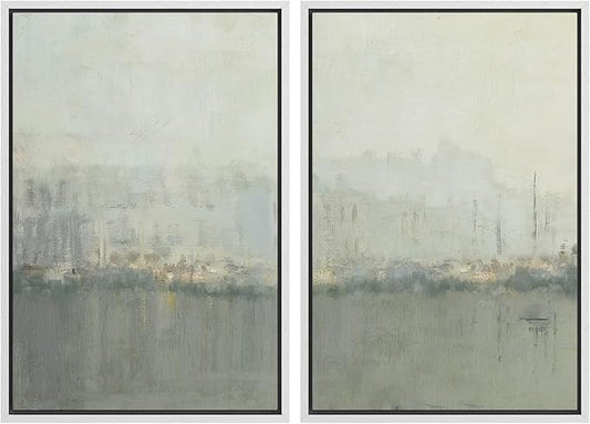 IDEA4WALL Framed Canvas Print Wall Art Set Abstract Skyline Cityscape Art in Muted Gray and Soft Blue Tones Illustrations Modern Art Decorative Coastal Cottage Seascape for Bedroom - 16"x24"x2 White