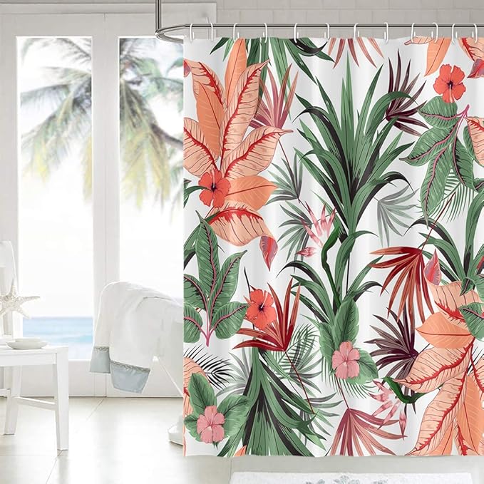 Tropical Plant Shower Curtain Boho Green Leaves Blossom Pink Lily Bath Curtain 72 x 78 Inch Waterproof Washable Fabric Summer Bathroom Decorative Shower Curtain Sets with 12 Hooks