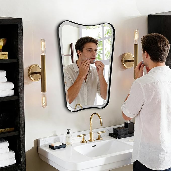 POZINO Vanity Beveled Mirror, 22"x30" Matte Black Rectangle Bathroom Mirror for Over Sink, Modern Irregular Shaped Decorative Mirrors for Bedroom Living Room Entryway Hallway Fireplace