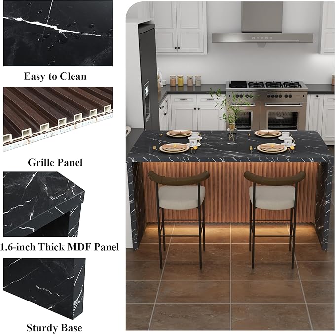 63" Large Imitation Marble Dining Table for 4-6 People(Patent Pending),Island Table with LED Lights,Mordern Marble Stripes Kitchen Dining Table with Grille design for Dining Room,Living Room (Black)