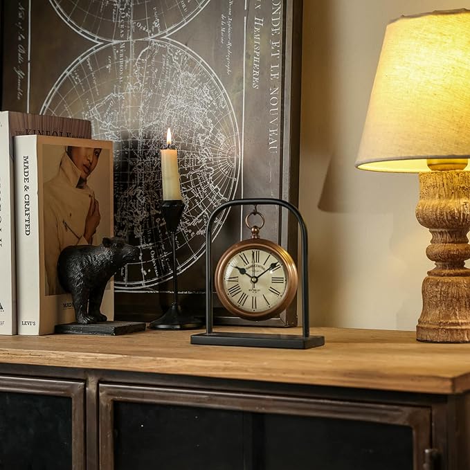 NIKKY HOME Small Vintage Desk Clock, Silent Decorative Bronze Table Clock | Non-Ticking Battery-Operated Metal Clock with Roman Numerals, Perfect for Living Rooms, Offices, Shelves, Mantels
