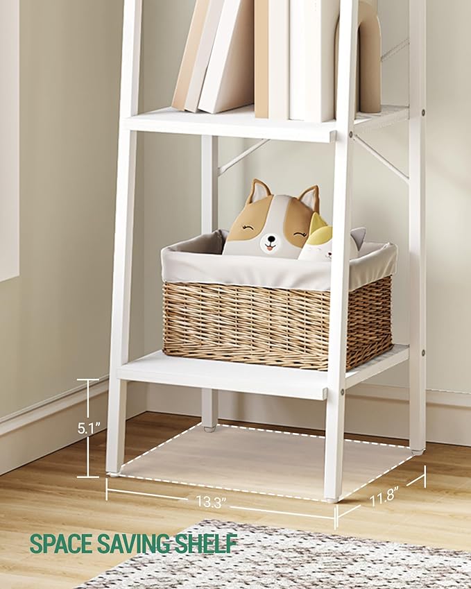 Hzuaneri Ladder Shelf, Bookshelf Bookcase, Freestanding Corner Storage Shelve with 2 Hooks for Home Office, Living Room, Kitchen, Bedroom, Industrial, 4-Tier White BC13213W