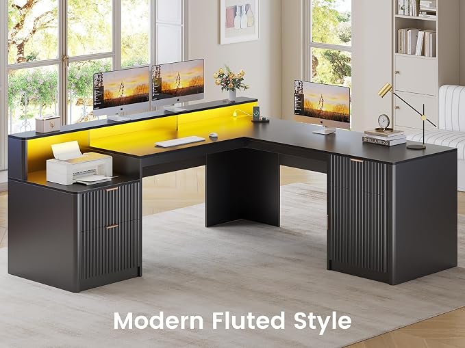 SEDETA 66" Modern L Shaped Desk with Drawers, Fluted Home Office Desk with File Cabinet & Printer Shelf, Wood Executive Desk with Monitor Stand, Power Outlets, Led Lights, Black