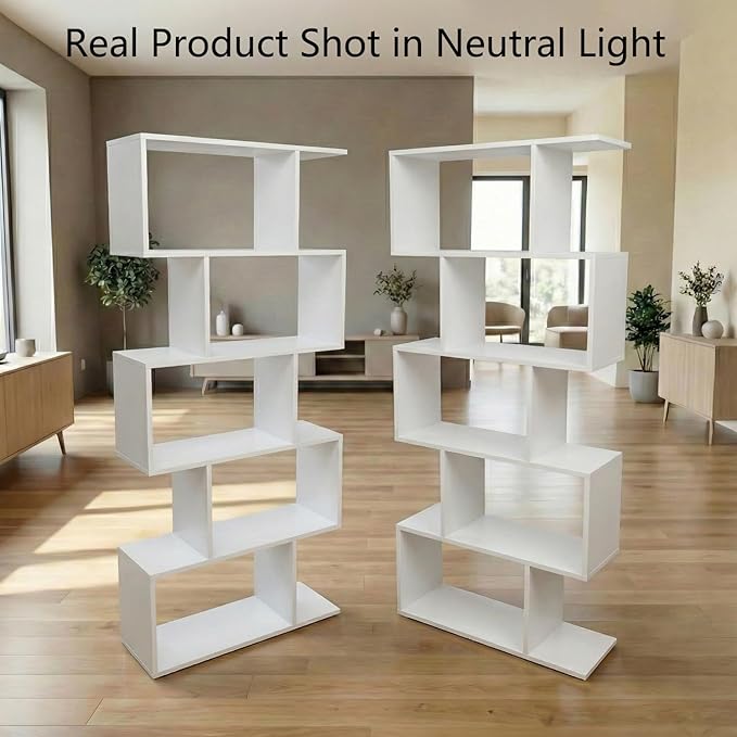 5-Tier Geometric Bookcase (Set of 2), 62.6" Tall S-Shaped Bookshelf & Room Divider, Modern White Freestanding Display Shelving Unit for Living Room, Hallway, Home Office