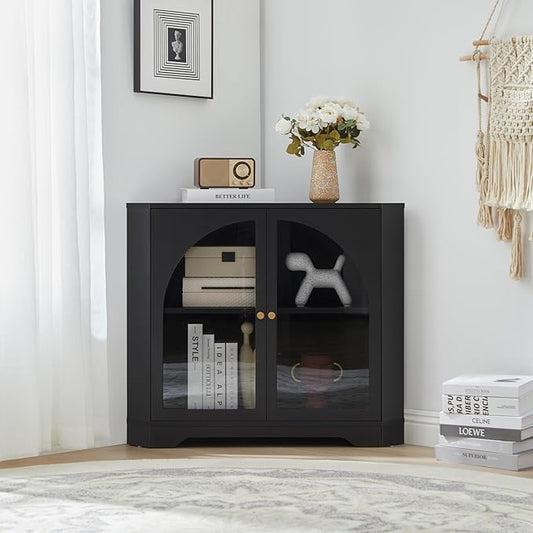 31.5" Mid-Century Modern Small Coner Storage Cabinet, Black Coner Cabinet with Arched Acrylic Mullion Door & Adjustable Shelf for Living Room, Bathroom, Kitchen Coofee Bar (Black)