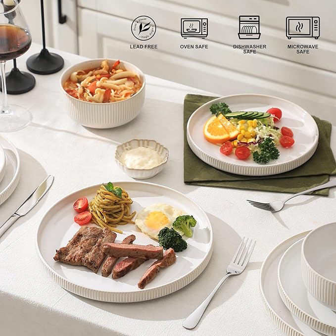 Frewinky Stoneware Dinnerware Sets for 4,12 Piece Kitchen Plates and Bowls Set,Reactive Glaze Porcelain Dinnerware Sets Scratch Resistant,Dishwasher and Microwave Safe,Vintage White