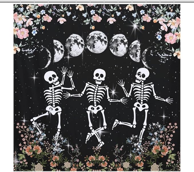 Skull Skeleton Flower Moon Shower Curtain Gothic Moon Phase Scary Horror Black Spooky Flower Holiday Waterproof Shower Curtains for Bathroom Decor 12 Pack Hooks 72x72in (183x183cm)