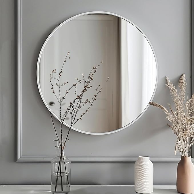 Sunniry White Round Mirror 18 inch, Matte Metal Frame Round Mirror, Circle Bathroom Mirrors, Circle Mirrors for Bathroom, Living Room, Bedroom, Hallway.