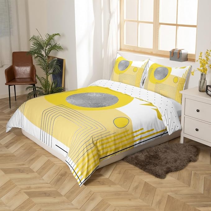 Erosebridal Yellow and White Abstract Boho Duvet Cover Toddler Size Minimalist Aesthetic Neutral Comforter Cover Mid Century Modern Bedding Set Botanical Leaves Geometric Bed Set