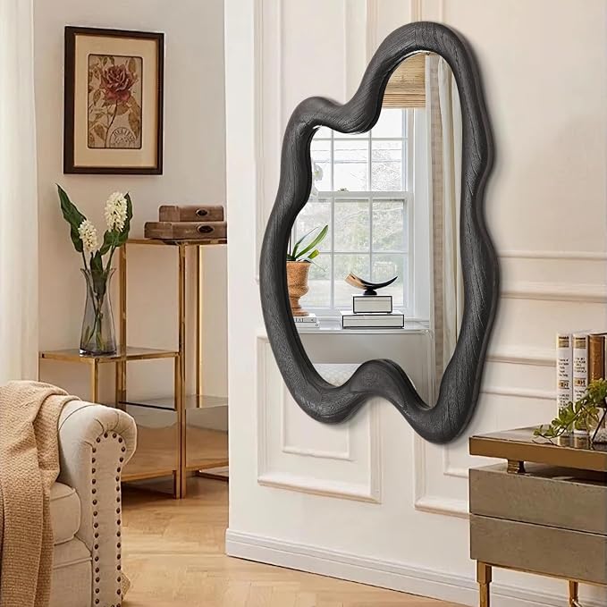 AAZZKANG Irregular Wall Mirror Large 32"x24" Black Asymmetrical Modern Wood Frame Mirrors for Bathroom Bedroom Living Room Entryway