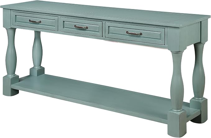 Merax Retro Console Table with 4 Drawers for Entryway, Sofa Table with Open Storage Shelf, Wood Side Table with Thick Legs for Living Room Bedroom, Retro Blue